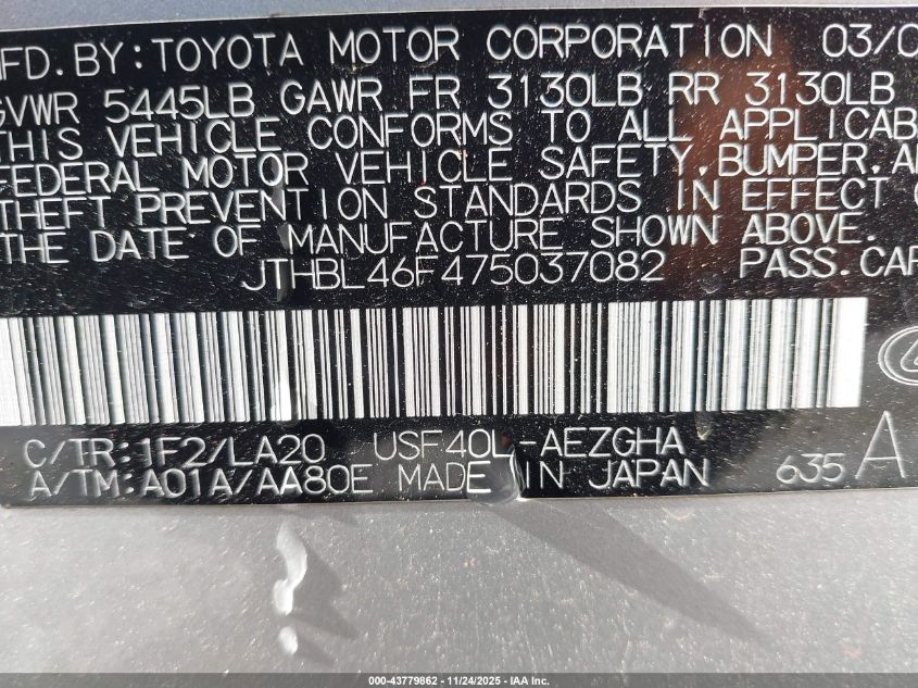 2007 Lexus Ls 460 VIN: JTHBL46F475037082 Lot: 43779862