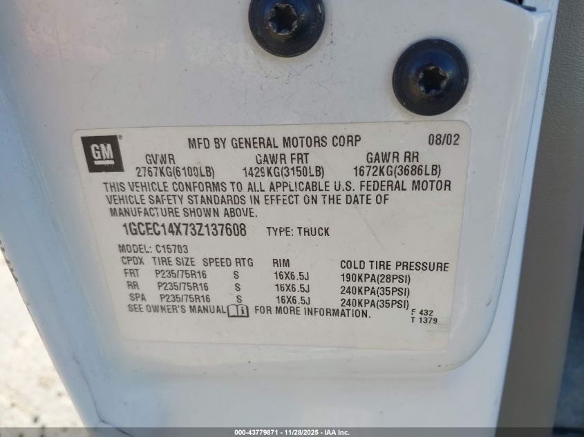 2003 Chevrolet Silverado 1500 VIN: 1GCEC14X73Z137608 Lot: 43779871