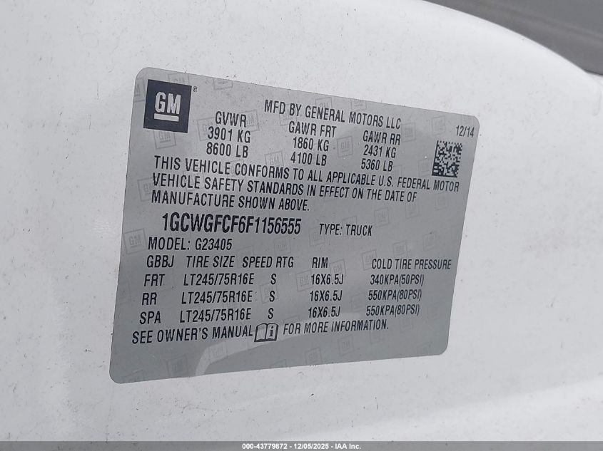 2015 Chevrolet Express 2500 Work Van VIN: 1GCWGFCF6F1156555 Lot: 43779872