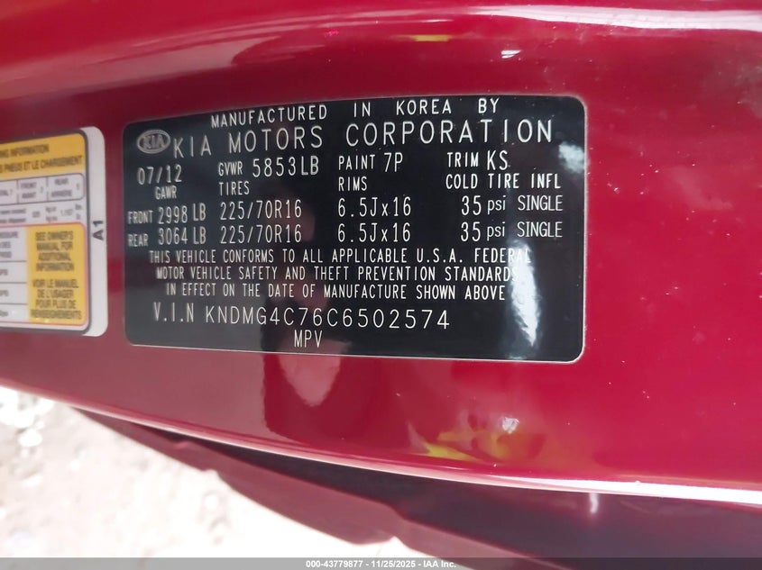 2012 Kia Sedona Lx VIN: KNDMG4C76C6502574 Lot: 43779877
