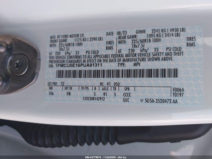 2023 Ford Escape Phev VIN: 1FMCU0E16PUA91311 Lot: 43779878