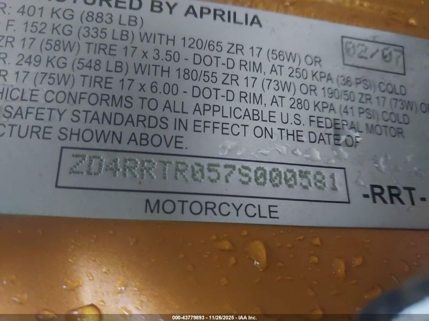 2007 Aprilia Rsv 1000 R VIN: ZD4RRTR057S000581 Lot: 43779893