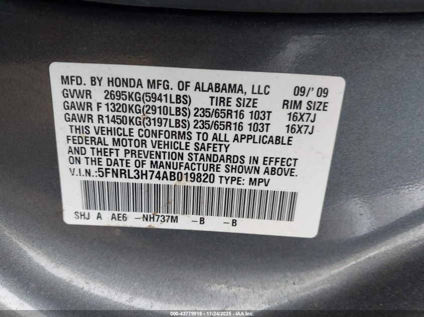 2010 Honda Odyssey Ex-L VIN: 5FNRL3H74AB019820 Lot: 43779916