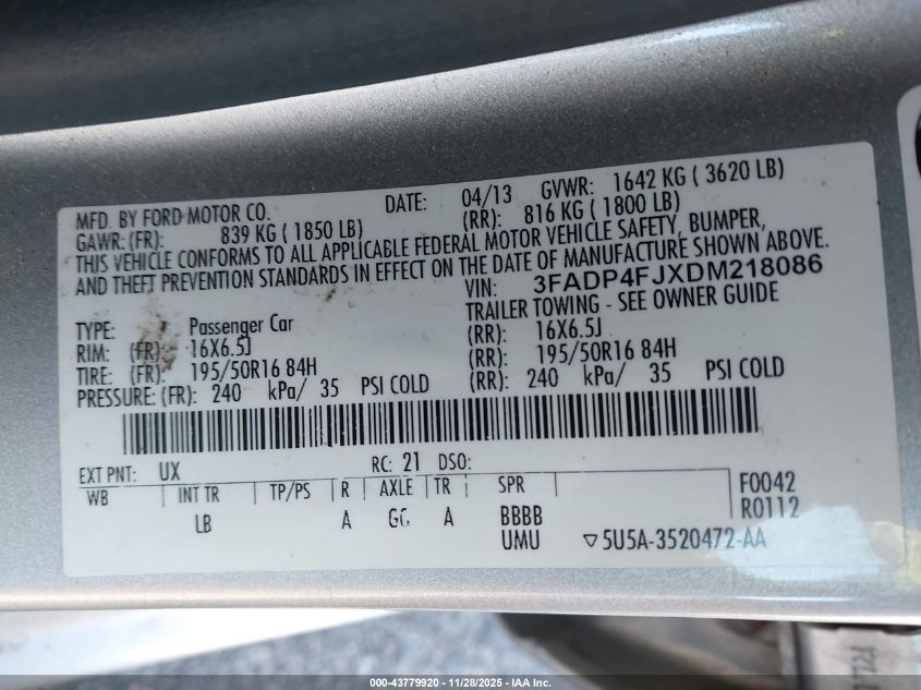 2013 Ford Fiesta Titanium VIN: 3FADP4FJXDM218086 Lot: 43779920