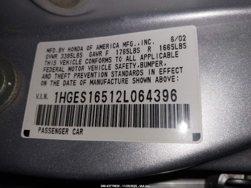 2002 Honda Civic Lx VIN: 1HGES16512L064396 Lot: 43779928