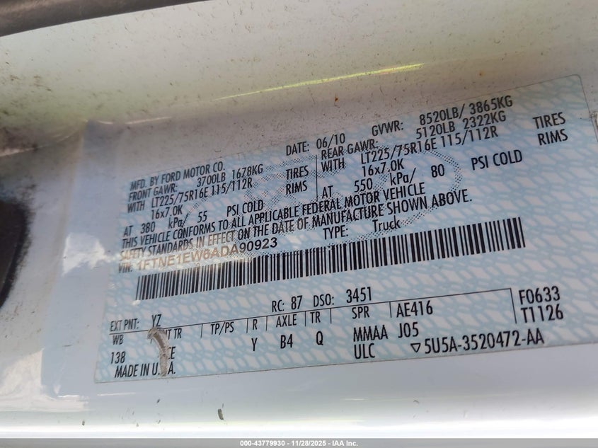 2010 Ford E-150 Commercial/Recreational VIN: 1FTNE1EW6ADA90923 Lot: 43779930