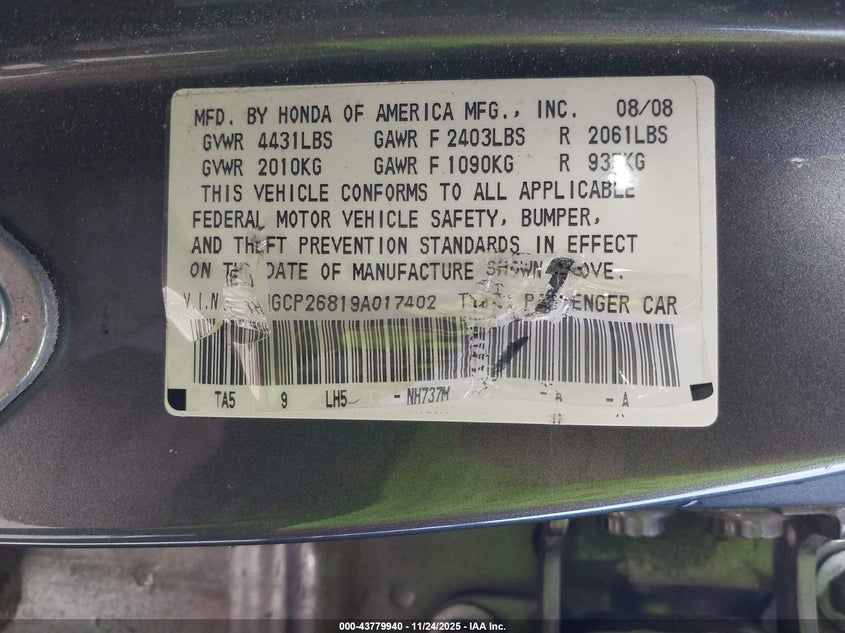 1HGCP26819A017402 2009 HONDA ACCORD photo no. 9