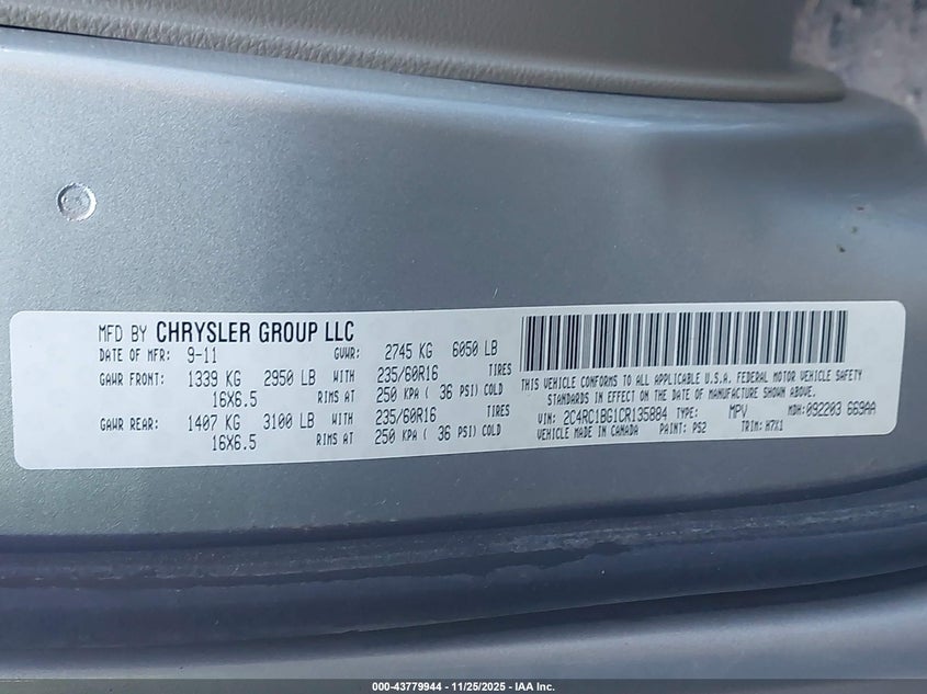 2012 Chrysler Town & Country Touring VIN: 2C4RC1BG1CR135884 Lot: 43779944