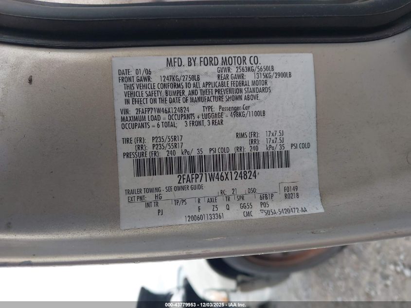 2006 Ford Crown Victoria Police/Police Interceptor VIN: 2FAFP71W46X124824 Lot: 43779953