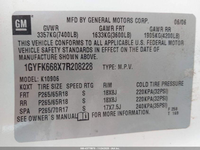 2007 Cadillac Escalade Esv Standard VIN: 1GYFK668X7R208228 Lot: 43779978