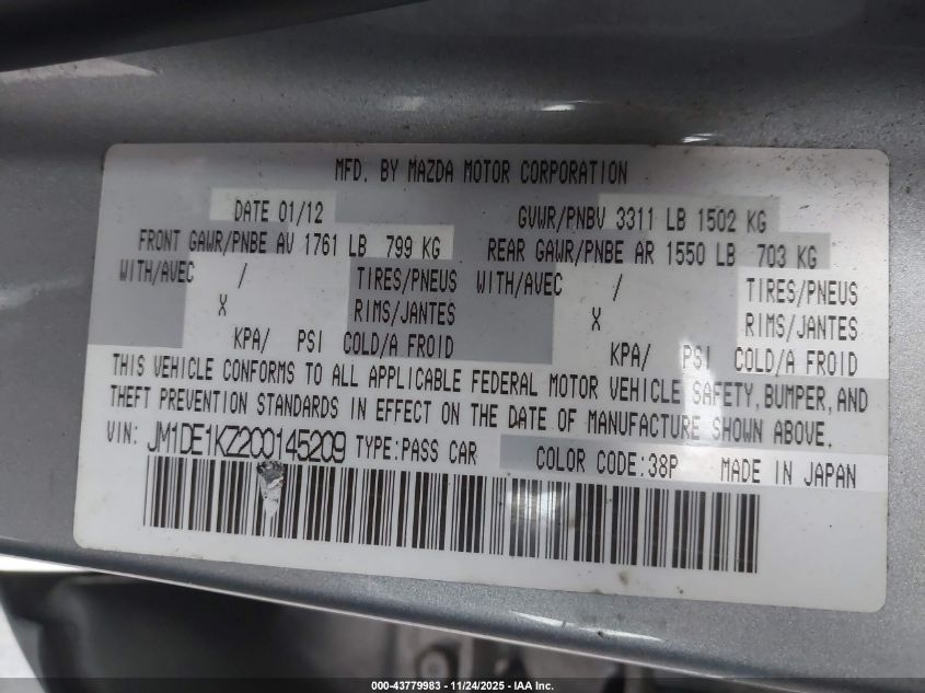 2012 Mazda Mazda2 Sport VIN: JM1DE1KZ2C0145209 Lot: 43779983