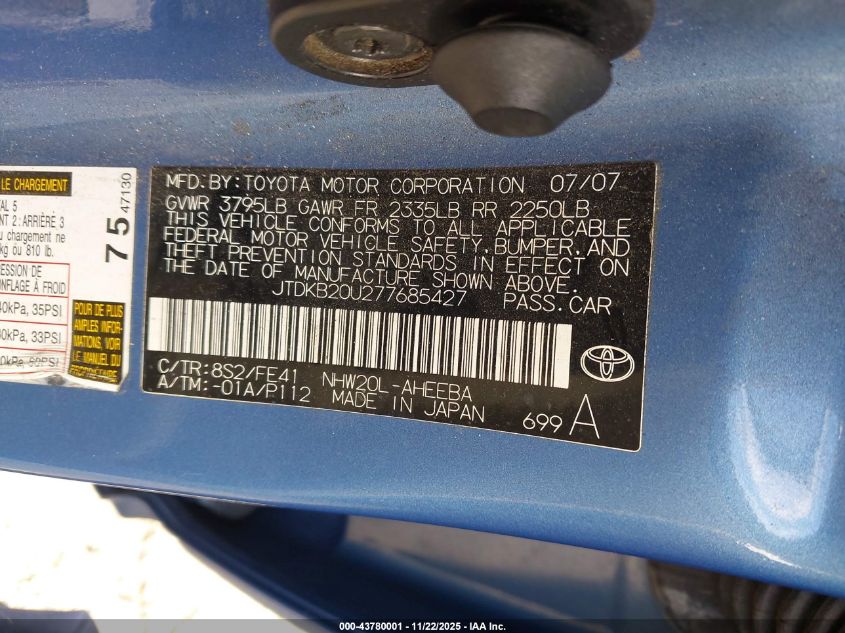 2007 Toyota Prius VIN: JTDKB20U277685427 Lot: 43780001