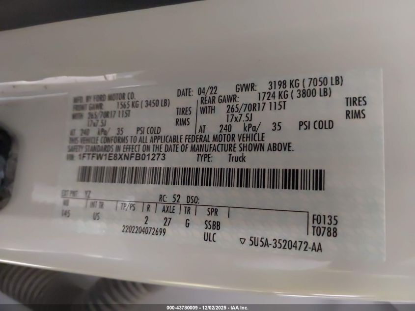 2022 Ford F-150 Xlt VIN: 1FTFW1E8XNFB01273 Lot: 43780009