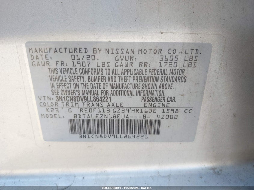 2020 Nissan Versa S Xtronic Cvt VIN: 3N1CN8DV9LL864221 Lot: 43780011