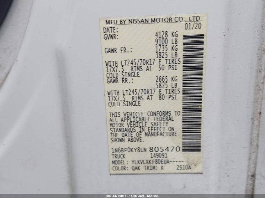 2020 Nissan Nv Cargo Nv2500 Hd Sv Standard Roof V6 VIN: 1N6BF0KY8LN805470 Lot: 43780017