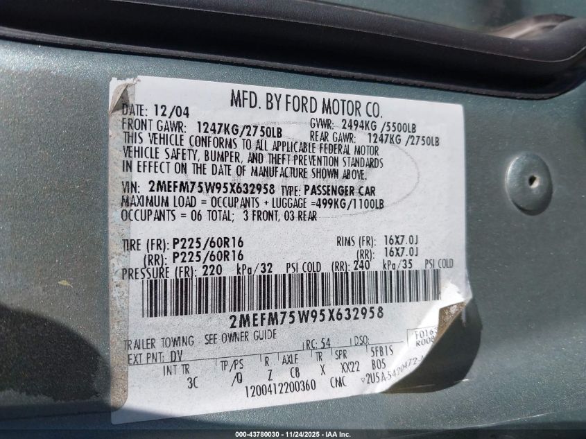 2005 Mercury Grand Marquis Ls/Lse VIN: 2MEFM75W95X632958 Lot: 43780030