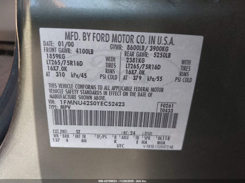 2000 Ford Excursion Limited VIN: 1FMNU42S0YEC52423 Lot: 43780033