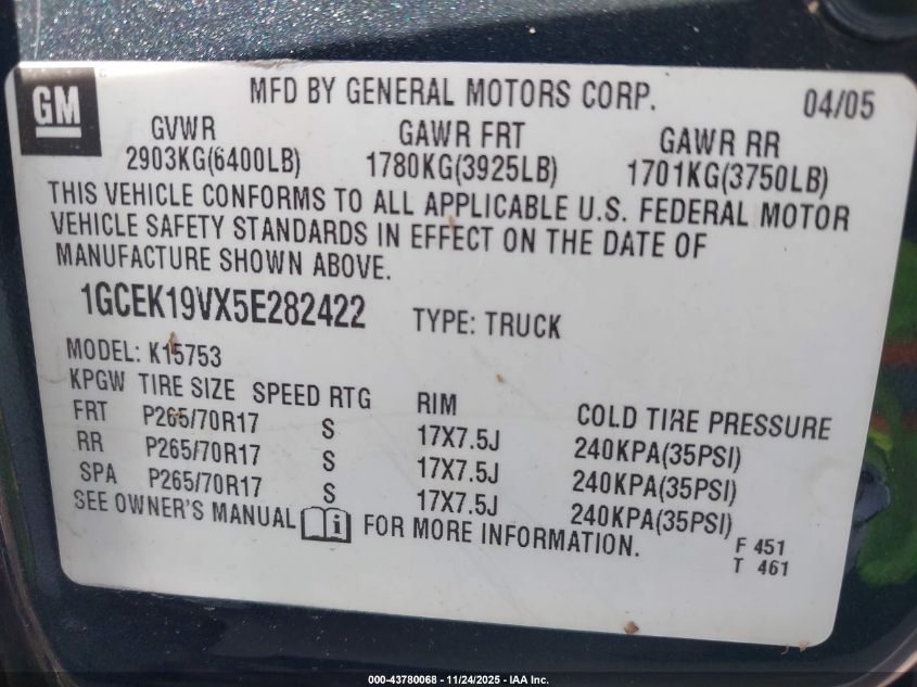 2005 Chevrolet Silverado 1500 Work Truck VIN: 1GCEK19VX5E282422 Lot: 43780068