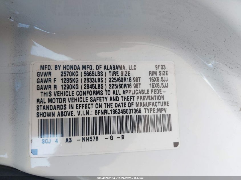 2004 Honda Odyssey Ex VIN: 5FNRL18634B007366 Lot: 43780104