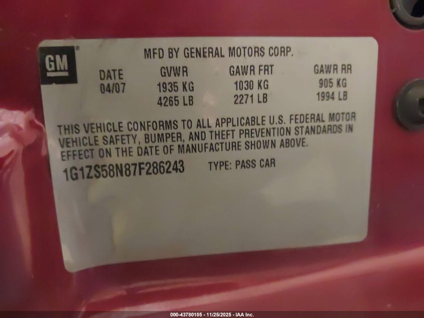 2007 Chevrolet Malibu Ls VIN: 1G1ZS58N87F286243 Lot: 43780105