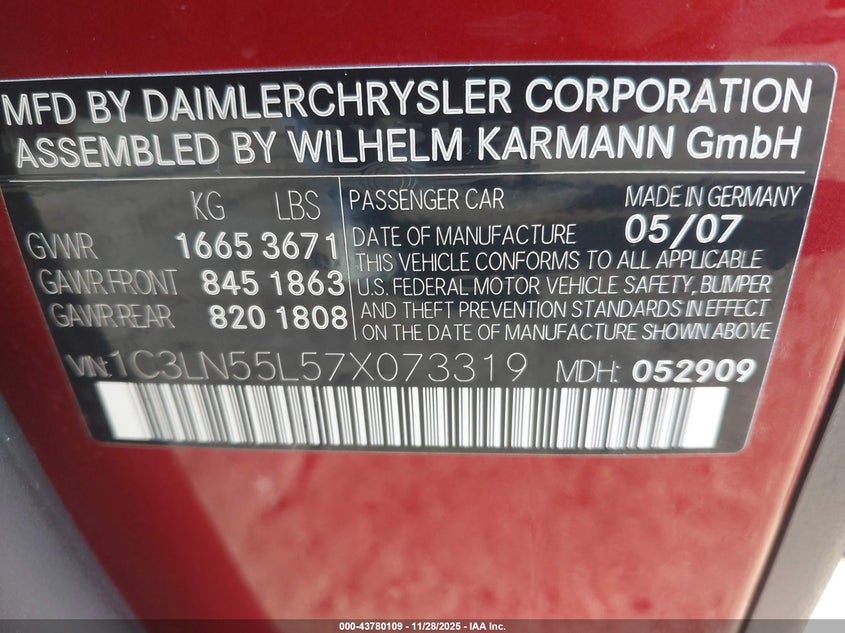 1C3LN55L57X073319 2007 CHRYSLER CROSSFIRE photo no. 9