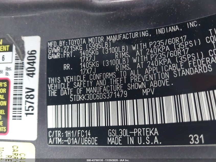 2013 Toyota Sienna Le V6 8 Passenger VIN: 5TDKK3DC6DS371479 Lot: 43780135