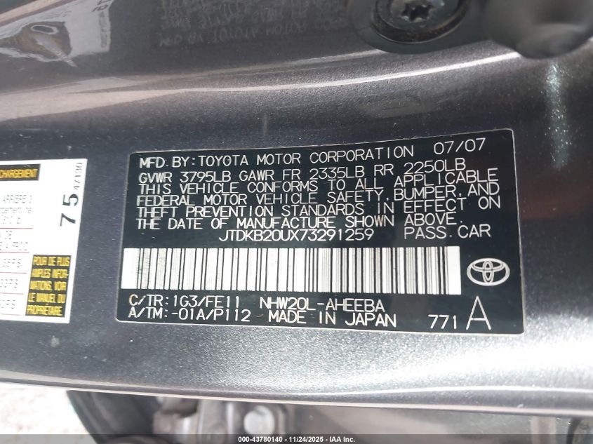 2007 Toyota Prius VIN: JTDKB20UX73291259 Lot: 43780140