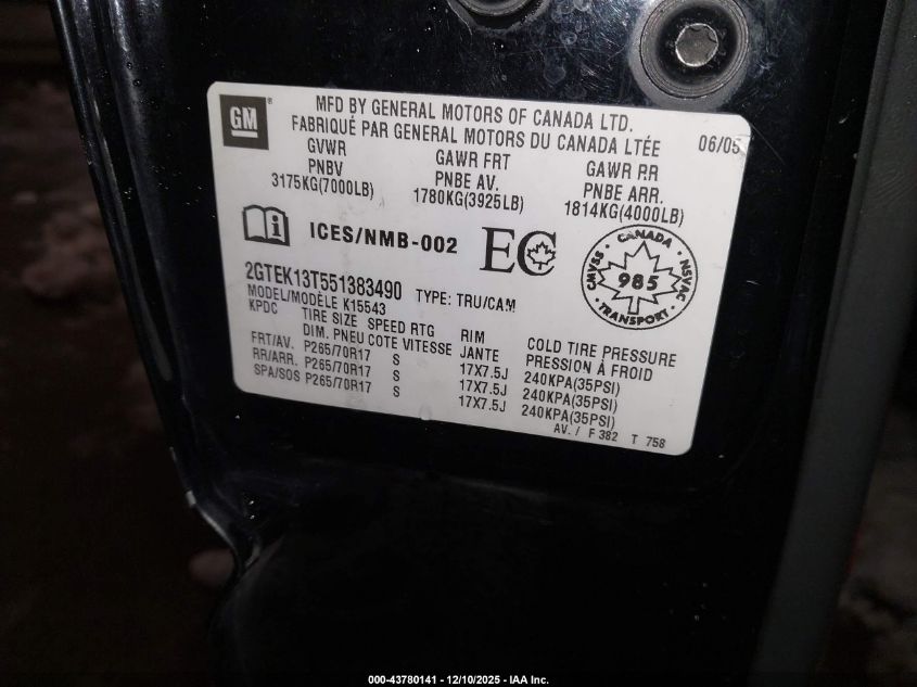 2005 GMC Sierra 1500 Sle/Slt VIN: 2GTEK13T551383490 Lot: 43780141