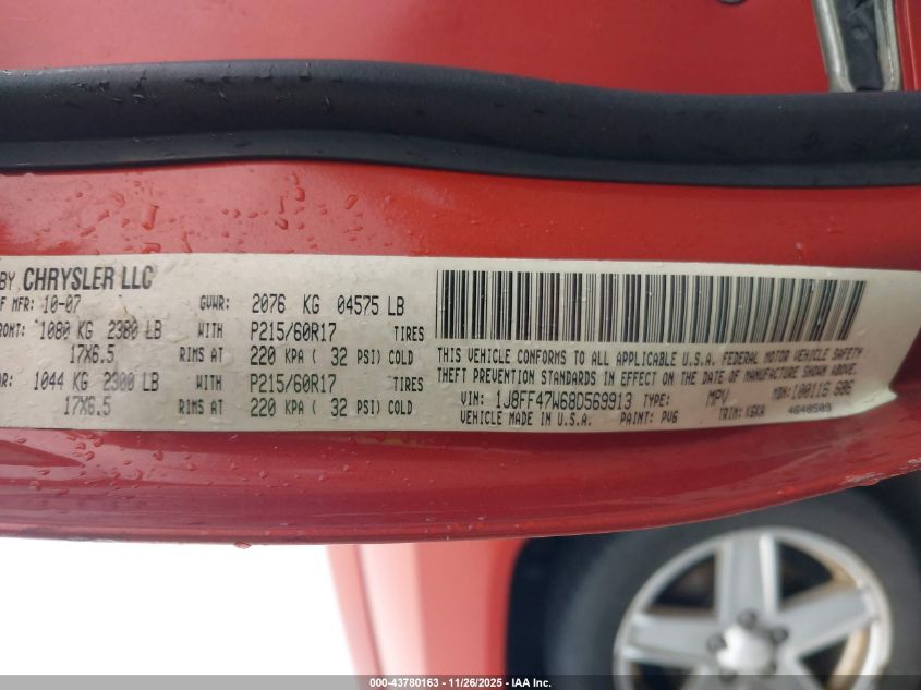 2008 Jeep Compass Sport VIN: 1J8FF47W68D569913 Lot: 43780163