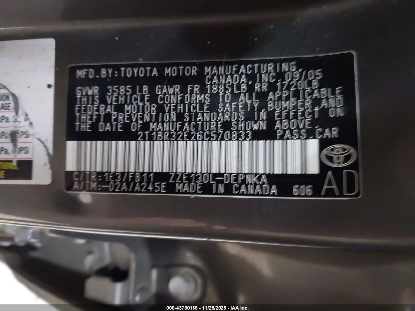 2006 Toyota Corolla Le VIN: 2T1BR32E26C570833 Lot: 43780168