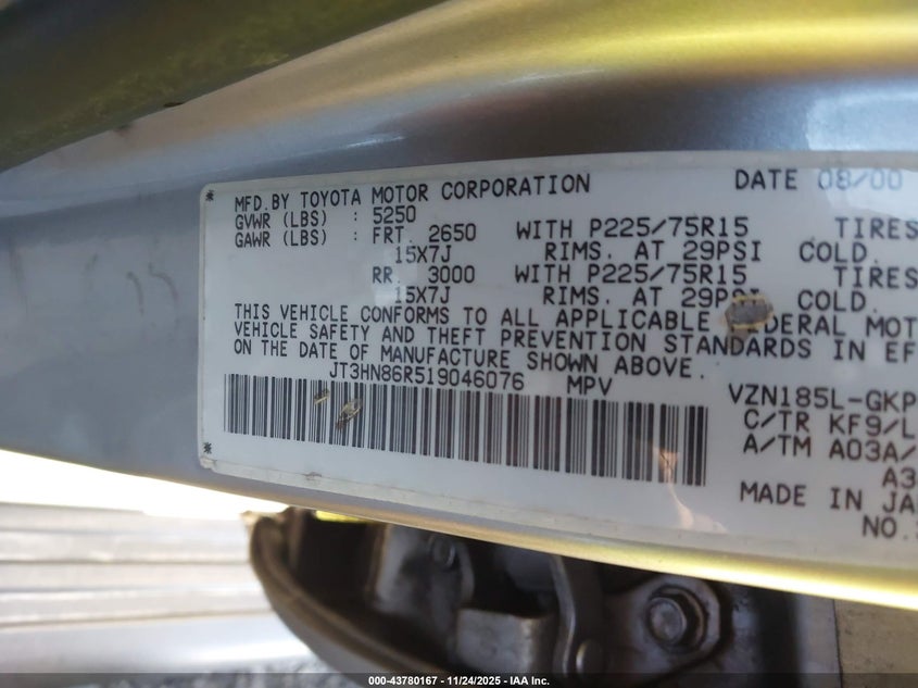 2001 Toyota 4Runner Sr5 V6 VIN: JT3HN86R519046076 Lot: 43780167