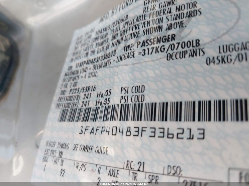 2003 Ford Mustang VIN: 1FAFP40483F336213 Lot: 43780203