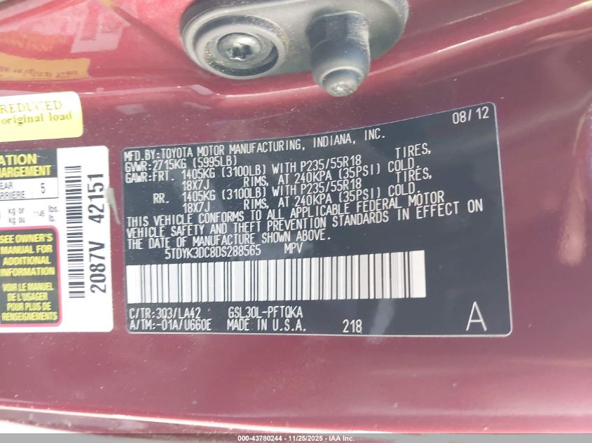 2013 Toyota Sienna Limited V6 7 Passenger VIN: 5TDYK3DC8DS288565 Lot: 43780244