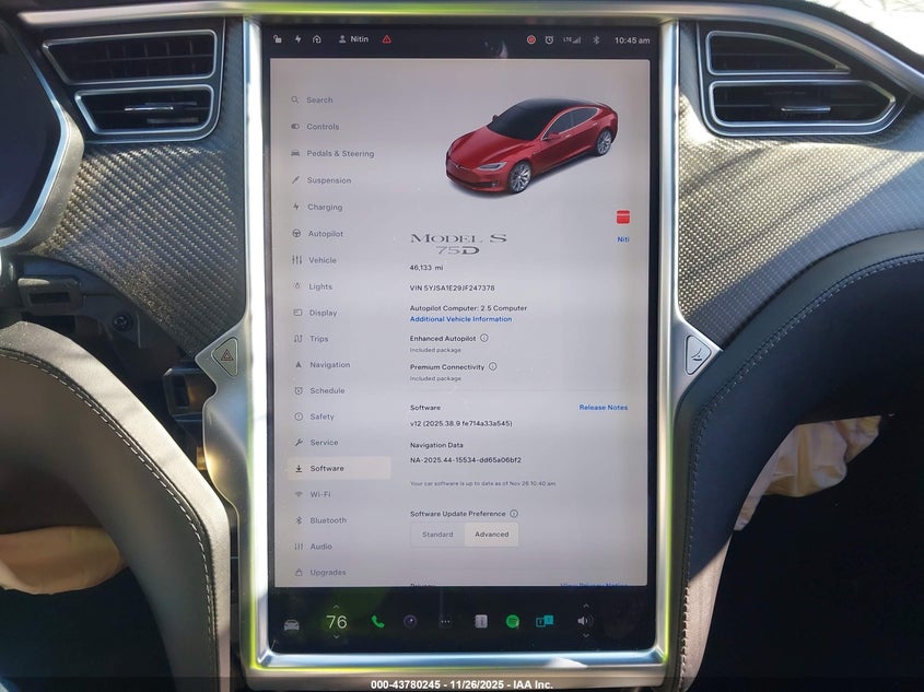 2018 Tesla Model S 100D/75D/P100D VIN: 5YJSA1E29JF247378 Lot: 43780245