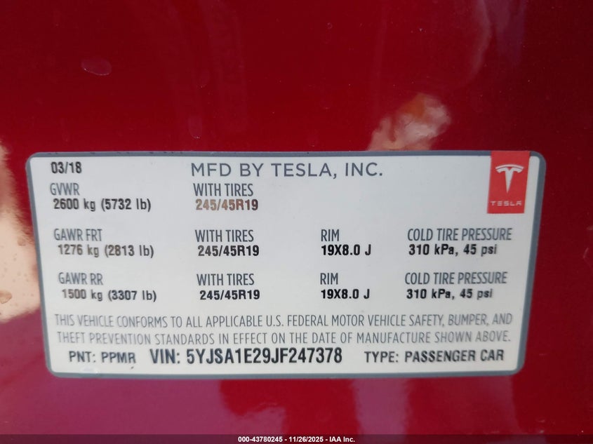 2018 Tesla Model S 100D/75D/P100D VIN: 5YJSA1E29JF247378 Lot: 43780245