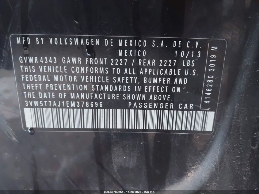 2014 Volkswagen Jetta Gli Autobahn W/Nav VIN: 3VW5T7AJ1EM378696 Lot: 43780251