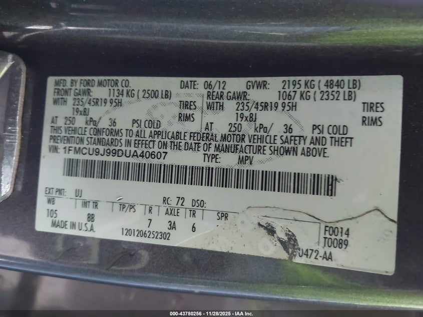 2013 Ford Escape Titanium VIN: 1FMCU9J99DUA40607 Lot: 43780256