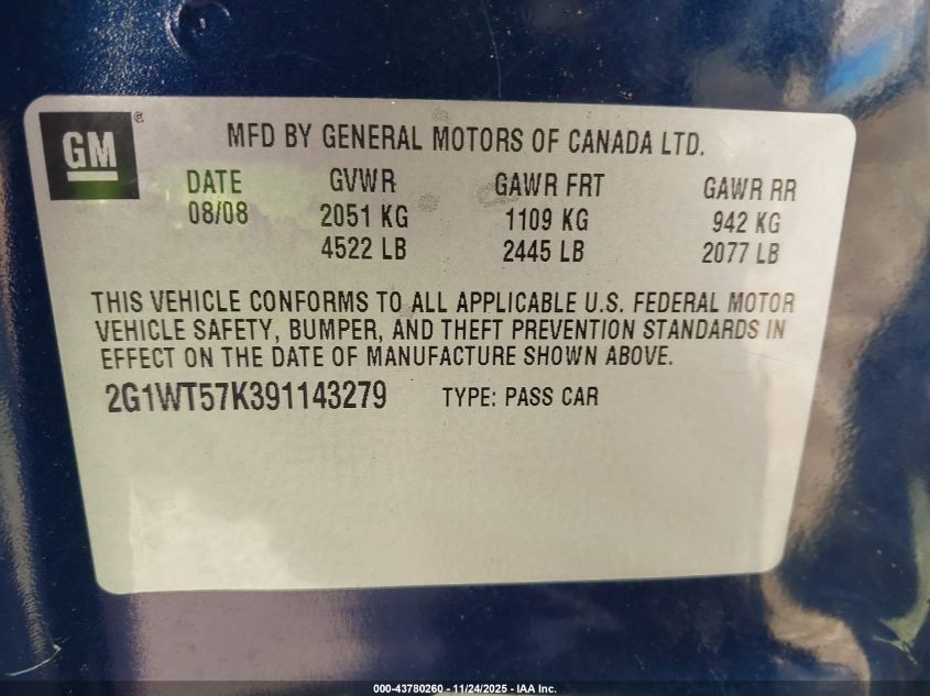 2009 Chevrolet Impala Lt VIN: 2G1WT57K391143279 Lot: 43780260