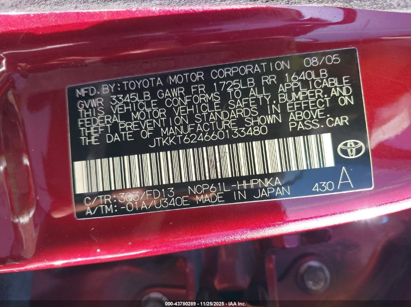 2006 Scion Xa VIN: JTKKT624660133480 Lot: 43780289