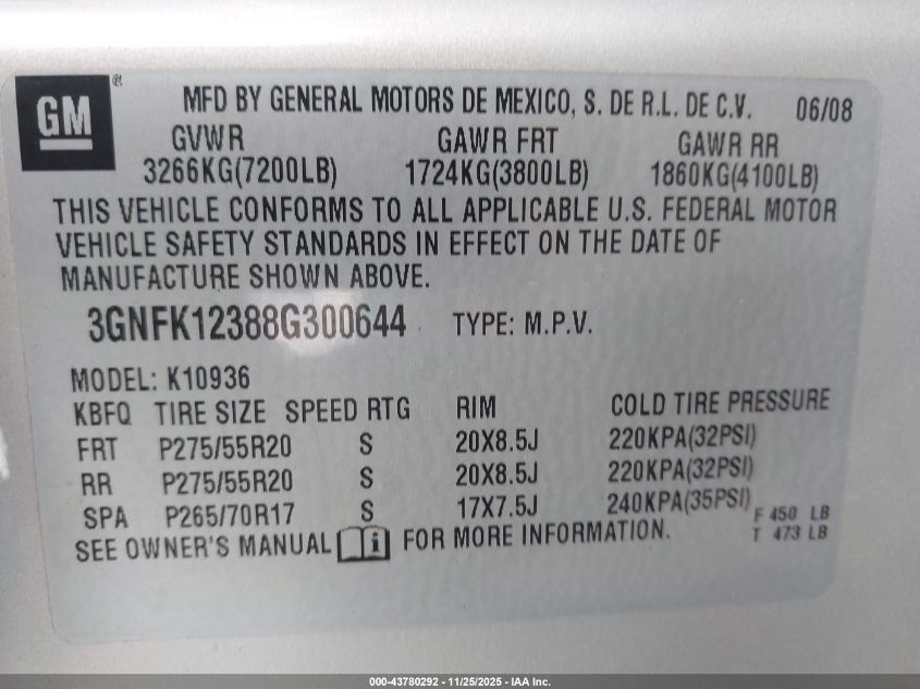 2008 Chevrolet Avalanche 1500 Ltz VIN: 3GNFK12388G300644 Lot: 43780292