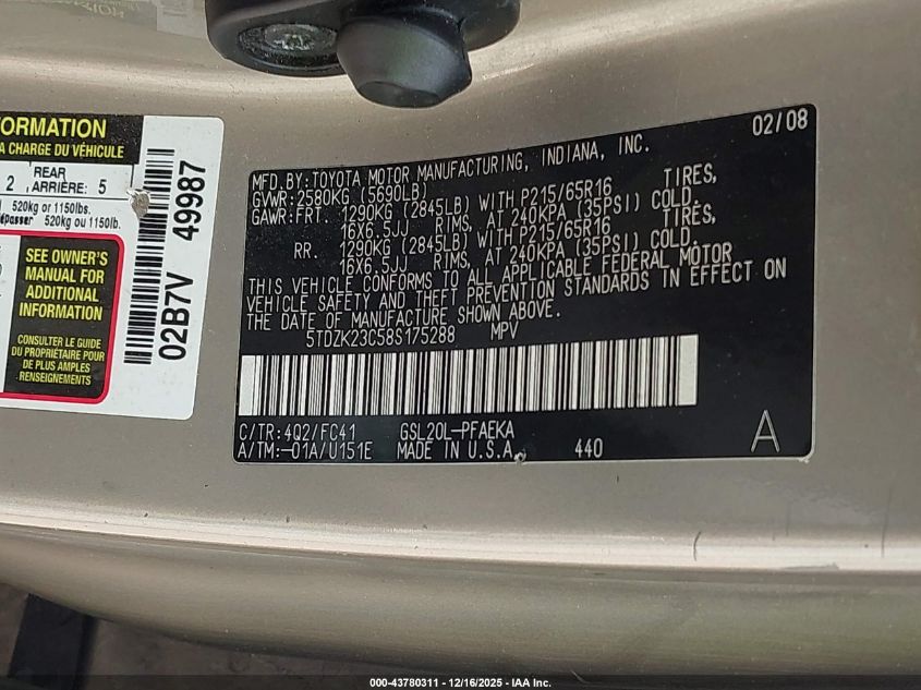 2008 Toyota Sienna Le VIN: 5TDZK23C58S175288 Lot: 43780311