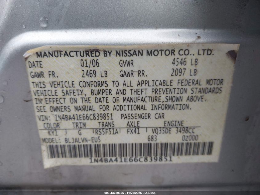 2006 Nissan Maxima 3.5 Se VIN: 1N4BA41E66C839851 Lot: 43780325