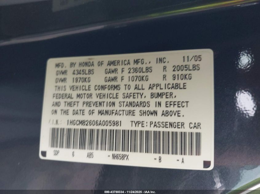 2006 Honda Accord 3.0 Ex VIN: 1HGCM82606A005981 Lot: 43780334