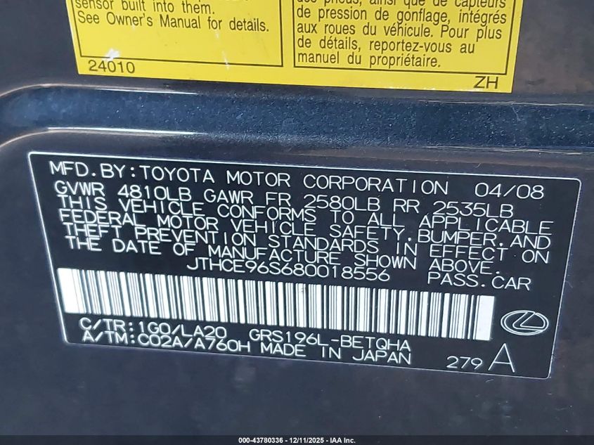 2008 Lexus Gs 350 VIN: JTHCE96S680018556 Lot: 43780336