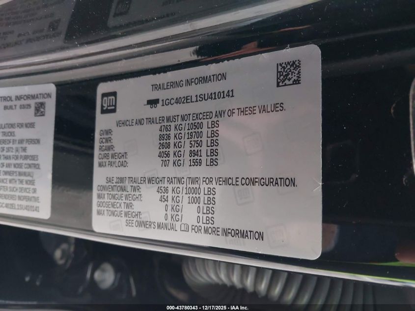 2025 Chevrolet Silverado Ev Rst VIN: 1GC402EL1SU410141 Lot: 43780343