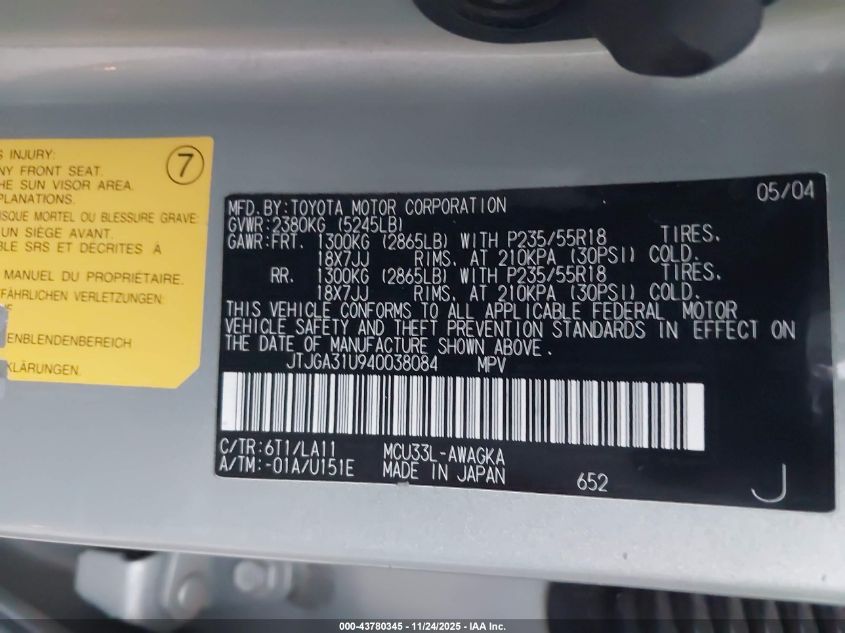 2004 Lexus Rx 330 VIN: JTJGA31U940038084 Lot: 43780345