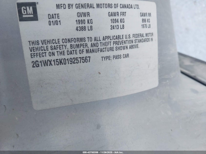 2001 Chevrolet Monte Carlo Ss VIN: 2G1WX15K019257567 Lot: 43780356