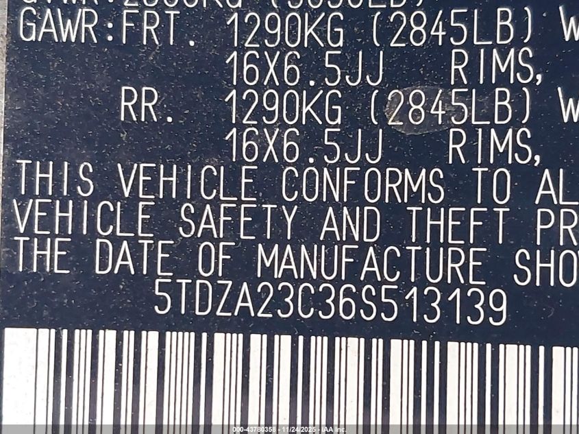 2006 Toyota Sienna Le VIN: 5TDZA23C36S513139 Lot: 43780358