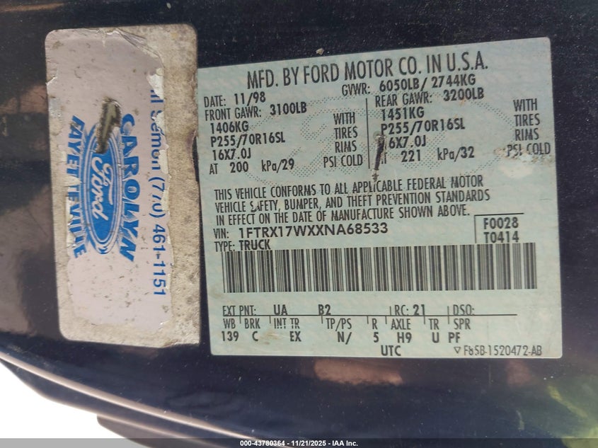 1999 Ford F-150 Lariat/Work Series/Xl/Xlt VIN: 1FTRX17WXXNA68533 Lot: 43780364