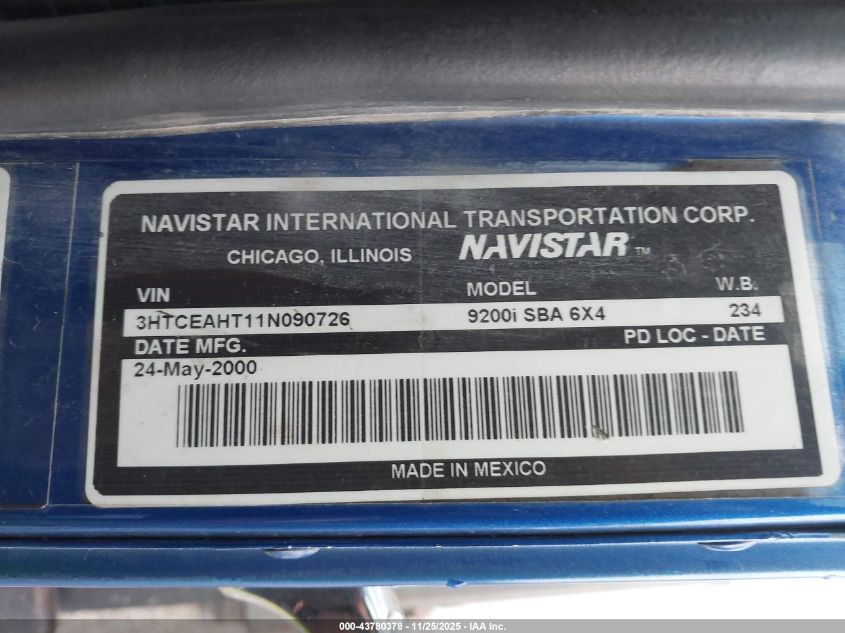 2001 International 9200 9200I VIN: 3HTCEAHT11N090726 Lot: 43780378